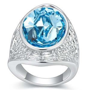 Storblå Rhinestones Crystal Från Swarovski Elements Förlovningsringar för Kvinnor Present Brud Bröllop Smycken Vitguld Pläterad
