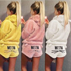 Kvinnor Sleepwear Meow Cat Print Pullover Hooded Långärmad Tops Shorts Pajama Set Sova Top Bottoms