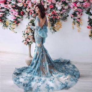 Gorgeous Arabia Mermaid Prom Dresses Charming Backless Bow Long Sleeves Evening Dress Full Lace Applique Beaded Tulle Celebrity Evening Gown