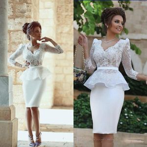 Sexy Illusion Bodice V Neck Cocktail Dresses With Sheer Lace Long Sleeves Crop Top Peplum Appliques Sheath Formal Party Gowns