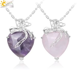 CSJA Fashion Natural Stone Love Heart Pendant Amethyst Pink Crystal Tiger Eye Stone Necklace Butterfly Polished Beads Lover Diy Jewelry F324