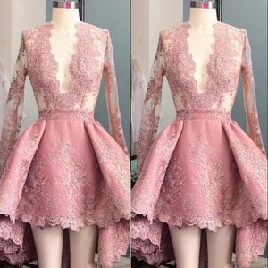 Sexy Deep V Neck Hi Lo Prom Dresses Peach Pink Long Sleeve Applique Ruffle Evening Dress Short Homecoming Party Dresses Cocktail Dress