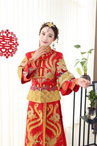 winterstil abendkleider großhandel-Chinesische traditionelle Art Show Kleidung Herbst Winter rot formale Top Kleid der Hochzeit Abendkleid Kostüm Dragon Braut Kleid