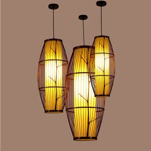 rustikale leichte anhänger großhandel-Bambus Weben Schwarz LED Pendelleuchten Rustikale pendelleuchte Leuchte Hängelampe Restaurant Antike Einfache hause Beleuchtung G054