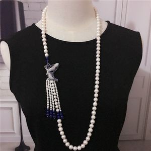 Ręcznie wiązane naturalne mm białe słodkowodne perły niebieski kamień motyl pompon naszyjnik sweter łańcuch biżuteria