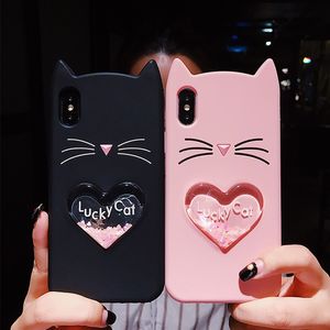 Glitter Star Love Heart Quicksand Liquid Luck Cat Silicone Back Cover Case For iPhone S Plus X