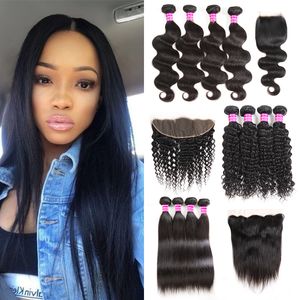 Wholesale bulk human hair no weft resale online - 8a Brazilian Virgin Hair Weaves Straight Human Hair Bundles With Frontal Deep Wave Wefts With Closures Water Wave bulk Remy Hair Extensions