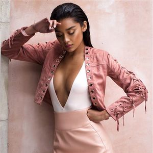 new Fashion Pink Suede Fringe bomber Basic jacket women female coat Short Lace Up Tassel Streetwear jackets outwear