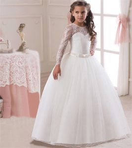 2018 Beautiful White Lace Flower Girl Dress Long Sleeve Girl s Pageant Dresses With Bow Champagne Low Price Kids Wedding Gowns