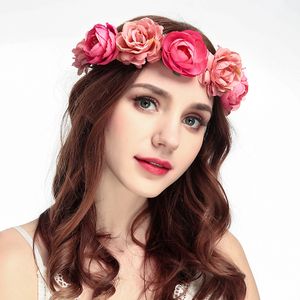 Nieuwste mode vrouwen bruid grote roos bloemen hoofdband bohemian stijl kroon haarband dames elastische strand haaraccessoires bruiloft krans