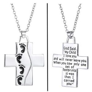 New Foot Cross Pendant Necklace Silver letters God Said Love Pendant Chain Footprint Necklaces Mother s Day Gift