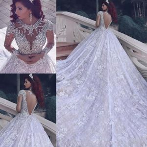 2020 Bling Crystal Arabic A Line Wedding Dresses Jewel Neck Long Sleeves Full Lace Appliques Sheer Back Plus Size Chapel Train Bridal Gowns