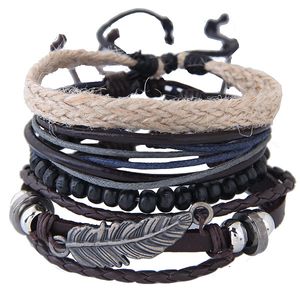 Punk Retro Vintage Statement Multilayer Charm Bracelets Weave Rope Leather Beads Feather Angel Wing Bangles Lovers Accessories Jewelry Sets