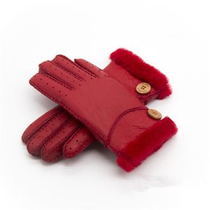 розовые варежки оптовых-Новые теплые зимние женские кожаные перчатки из натуральной шерсти женщины