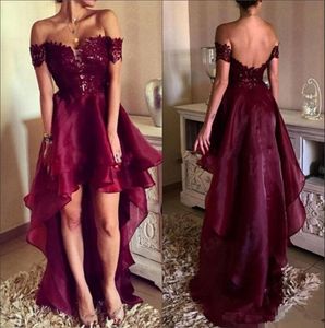 2019 Burgundy Off The Shoulder Organza High Low A Line Prom Dresses Tiered Ruffles Lace Applique Top Formal Party Evening Gowns BA4794