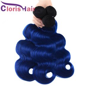 Mörka rötter b blå ombre väv våt och vågig rå indisk jungfru mänskligt hår buntar kroppsvåg två ton färgade remy hårförlängningar
