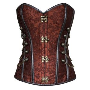 Kvinnors Brocade Spänne Steampunk Gothic Punk Faux Leather Steel Boned Corset med kedjan plus storlek midja träning corsets s xl