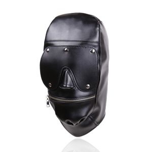 Ny design Bondage Gear Hood Nozzle sele med avtagbar ögonkudde Svart lädermask med dragkedja vid mun Fetish Sex Toy Gimp B0306037