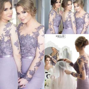 Wholesale lilac long formal dresses resale online - 2020 Lilac Bridesmaid Dresses Mermaid Sheer Neck Illusion Long Sleeves Satin Lace Appliques Sweep Train Bridesmaid Gowns Formal Dresses