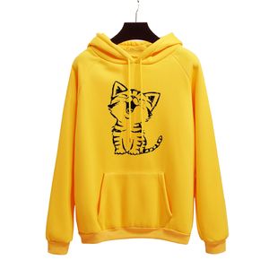 gelbe katze hoodie großhandel-Glückliche Katze Harajuku Drucken Hoodies Frauen Herbst Winter Büro Dame Pullover Gelb Dick Lose Moletom Feminino Kleidung Größe