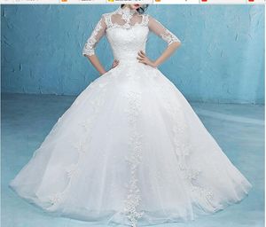 Beliebte Halbhülse Hohe Kragen Braut Kleid Einfache Muster Stickerei Sexy Backless Spitze Brautkleider im Angebot