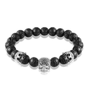 Fashion Natural Beads Strand Bracelet Micro Pave CZ Black Skeleton Skull Corwn Lava Rock Stone Energy Men Buddha Jewelry