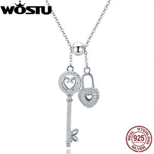 Wostu Sterling Silver Nyckeln till hjärtlås Hängsmycke Halsband för kvinnor Flickvän Kvinna Mode Smycken Giftf Fin290
