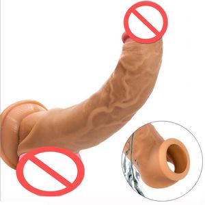 Realistische Top Vloeistof Siliconen Penis Mouw Extender Cock Vergroting Enhancer Mannelijke Herbruikbare Delay Gonobolia Dick Ring Volwassen Sex Toy voor Mannen