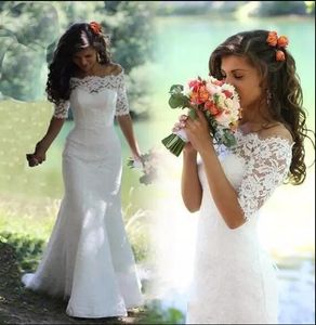 Full lace White Wedding Dresses Mermaid Off Shoulder Half Sleeve Sweep Strain Bridal Gown for Women Wedding Dress