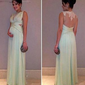 Illusie zwangere chiffon avondjurken geplooid doorziend door appliques op maat gemaakte mode prom dress