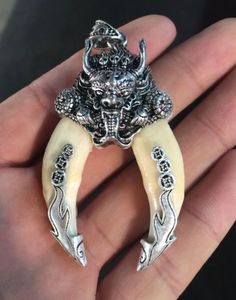 チベットの銀のお守りの彫刻されたドラゴンペンダントと中国のアンティーク犬の歯