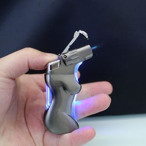 creative Naughty Girl in-Breast body shape  torch flame windproof refillable butan gas cigarette lighter LED Light transparent window