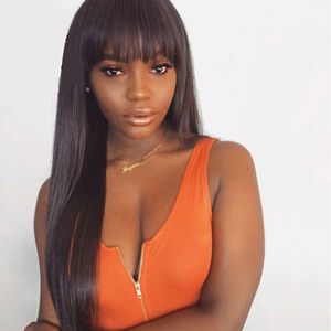 Wholesale long silky hair resale online - Straight Lace Front Wig Peruvian Virgin Hair Full Fringe Wig Human Hair Glueless Full Lace Wig With Bangs Bleached Knots For Black Women