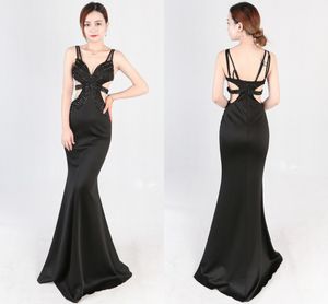 2018 Sexy Fashion Blue Red Black Beading Long Prom Dresses Hollow Out Straps Backless Evening Gowns Formal Party Dress Maxi Dress Vestiods