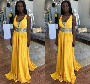 2020 Generous Yellow Black Girls Prom Dresses V Neck Beaded Sash Fitted Long Formal Junior Evening Gowns