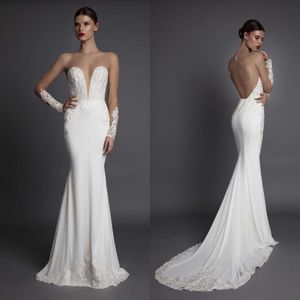 Berta Mermaid Long Poet Sleeve Wedding Gowns Backless Sheer Plunging Neckline Lace Applique Custom Made Fishtail Bridal Dresses