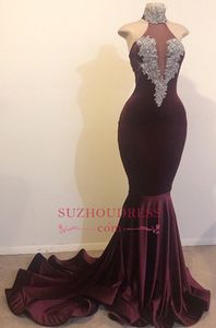 Wholesale plum prom dresses resale online - Elegant High Neck Plum Mermaid Prom Dresses Sleeveless Beading Crystal Velvet Prom Dresses Eveing Wear Gowns BC1144