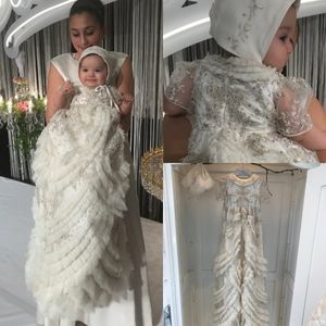 Wholesale Crystal 2020 Christening Baptism Gowns For Baby Girls Beads Appliqued Tiered Ruffles With Bonnet Flower Girls First Communication Dress