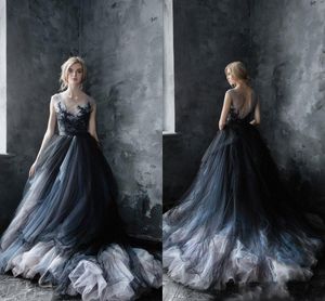 vestido de novia princesa azul real al por mayor-Sexy gótico negro Multi Color Vestidos de novia Vestidos nupciales Sheer Cuello Applique Encaje Tulless Tulle Train