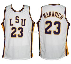 lsu camisa de basquete venda por atacado-Pete Maravich Basketball Jerseys Mens costurado LSU Tigres brancos amarelos Colégio retro feito sob encomenda qualquer número de nome