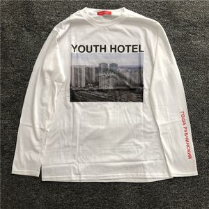 gençlik uzun kollu tişörtler toptan satış-gosha gençlik otel Sonbahar Uzun Kollu Tişörtler Erkekler Harf Baskılı Hip Hop Streetwear Casual Beyaz T Gömlek