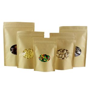 100 stks Kraft Brown Standing Zip Lock Packaging tas met ovale duidelijke venster hersluitbare noten en grain packing pouch food opbergzakken