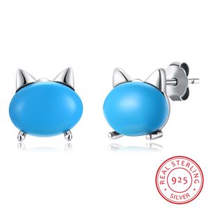 Turkusowe kolczyki Cat Noble Modne S925 Sterling Silver Blue Diamond Mosaic Plug in Stud Earring Lovely Popular Trendy Urodziny