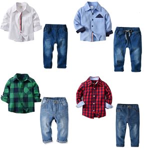 denims çevrimiçi toptan satış-2 Parça Erkek Bebek Giyim Setleri Online Alışveriş Uzun Kollu Ekose Gömlek ve Denim Tam Pantolon Çocuk Boys Sevimli Güz Kıyafetler