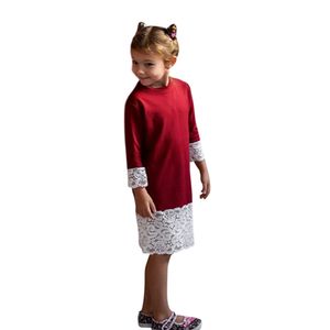 burgundkleider für mädchen großhandel-Casual Dress für Kinder Mädchen Lace Splice Langarm Rundhals Dreiviertel Kleid New Fashion in Burgund Farbe