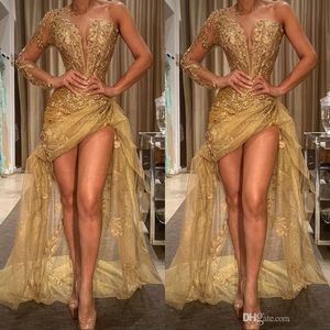 abendkleider hoch niedrig großhandel-Gold Sexy African Prom Pageant Kleider High Low SpitzeAppliques eine Schulter Abendkleid Bloße lange Hülse Formal Wear Roben de Soiree