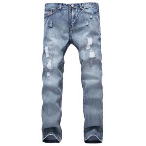 светлые голубые огорченные джинсы оптовых-Мужские джинсы модные брендовые дизайнер мужские разорванные брюки светло голубой тонкий подходит для проблемных джинсовых джинги мужчины плюс размер порванные джинсовые брюки