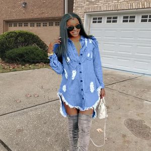 womens denim dresses toptan satış-Bayan Hiphop Denim Mavi Jean Gömlek Elbise İlkbahar Sonbahar Yırtık Kot Püskül Tasarımcısı Elbiseler