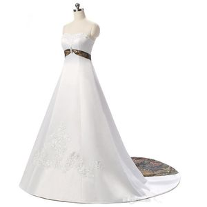 A line Sleeveless White Satin Wedding Dress with Camo Idea Appliqued Princess Corset Bridal Dress Gown Plus Size kkk