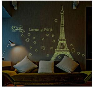 Tower Glow in Night Paris Parijs City Building Muurstickers Slaapkamer Decor AdeSivos Paredes Home Decals Mural Art